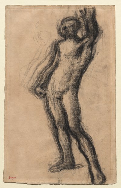 Naken man stående, med vänster hand upplyft, ca. 1900. av Edgar Degas