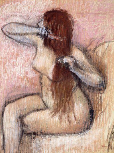Naken sittande kvinna som ordnar hennes hår; Sittande naken kvinna, kammar sitt hår, ca 1887-1890 av Edgar Degas