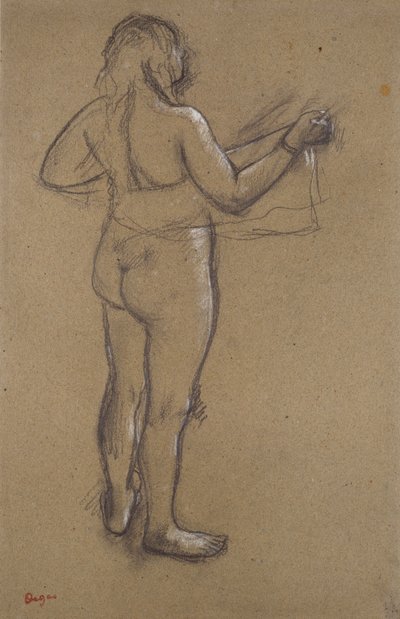 Naken kvinna som torkar sig med en handduk, sedd bakifrån, sent 1800-tal av Edgar Degas