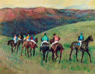 Tävlingshästar i ett landskap, 1894 av Edgar Degas