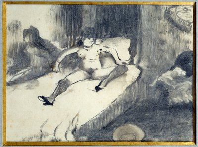 Vila på sängen En prostituerad vilar på sin säng på en bordell. Målning av Edgar Degas av Edgar Degas