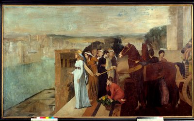 Semiramis bygger Babylon Semiramis (Semiramid), den legendariska drottningen av Assyrien och Babylonien, begrundar på Eufrats strand staden som kommer att bli ett av världens sju underverk. Målning av Edgar Degas (1834-1917) 1861 sön. 1,51x2,58 av Edgar Degas