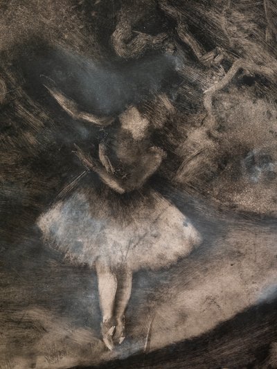 The Master of Ballet (detalj) (avrättad i samarbete med Ludovic Lepic). 1876. Monotypi i svart bläck med vita krita höjdpunkter av Edgar Degas