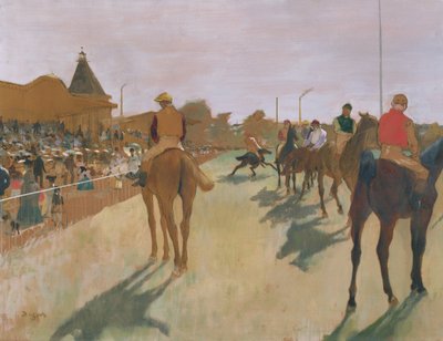 Paraden, eller kapplöpningshästarna framför läktaren, ca 1866-68 (olja på papper) av Edgar Degas