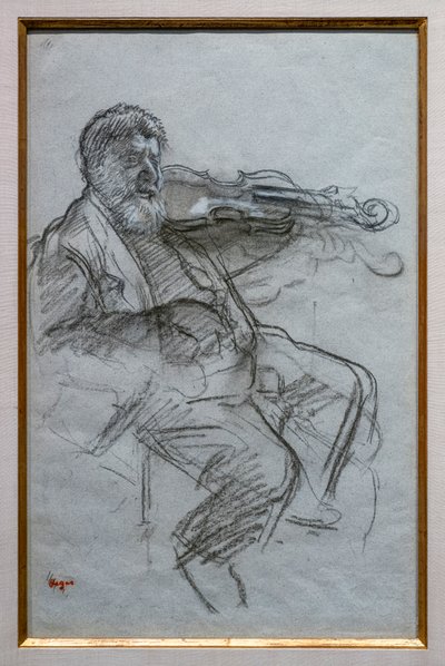 Violinisten. 1879. Kol och vita krita höjdpunkter på blågrått papper. Boston, Museum of Fine Arts, William Francis Warden Fund. av Edgar Degas