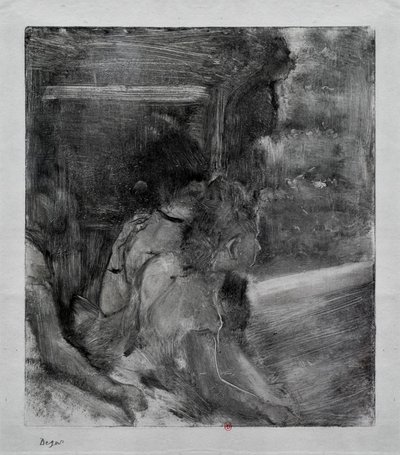 Till teatern. Omkring 1878. Monotypi har svart bläck från Kina. av Edgar Degas