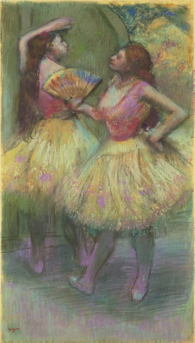 Två dansare innan de går på scenen; Avant l"entree en scene, 1888 av Edgar Degas