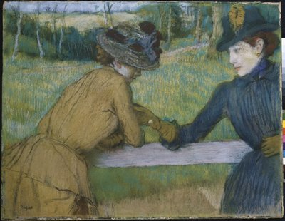 Två kvinnor som lutar sig på en staketskena av Edgar Degas