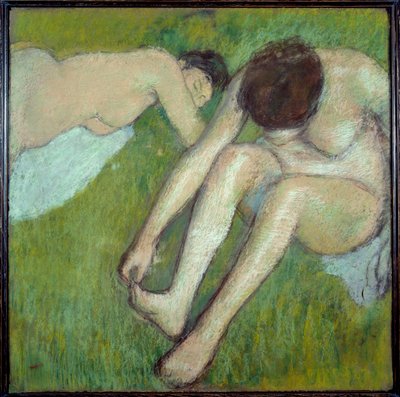 Två badgäster på pastellgräs på brunt papper av Edgar Degas (1834-1917) 1890 Sön. 0,7x0,7 m Paris, Musee d