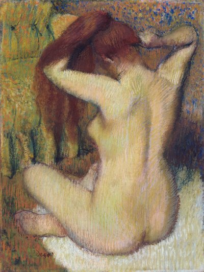 Woman Combing Her Hair, ca 1888-90 (pastell på ljusgrönt vävt papper fäst på fästet) av Edgar Degas