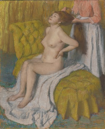 Kvinna som har kammat håret, ca 1886-88 (pastellfärgad på ljusgrönt vävt papper fäst på massaskivor) av Edgar Degas
