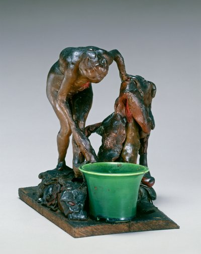 Kvinna som tvättar sitt vänstra ben, ca 1890 (bivax, metallarmatur, keramik, på träbas) av Edgar Degas