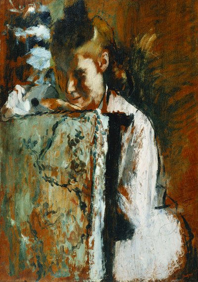 Ung flicka som sitter lutad mot baksidan av en stol; Ung flicka sitter lutad på baksidan av en fåtölj, c.1889 av Edgar Degas
