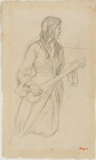 Ung kvinna som spelar mandolin, studie till porträtt av Mlle Fiocre i baletten "La Source" av Edgar Degas