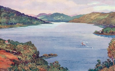 En glimt av den stora konstgjorda sjön vid Ribeirao das Lajes, byggd av Rio de Janeiro Tramway, Light and Power Company (färg litho) av Edgar L. Pattison
