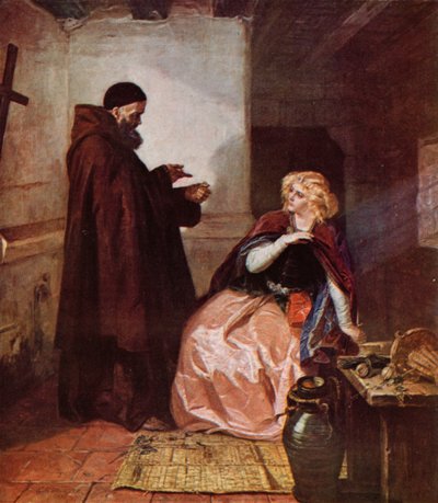 Shakespeare: Julia och Friar Laurence, Romeo och Julia, akt IV, Scene 1 (färg litho) av Edgar Melville (after) Ward
