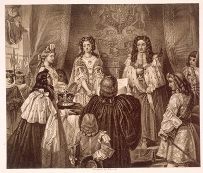 Kronan erbjöds William och Mary av Lords and Commons i Whitehall den 12 februari av Edgar Melville (after) Ward