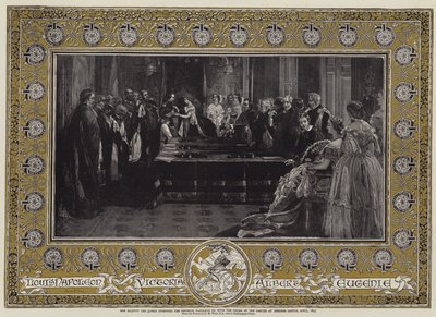 Hennes Majestät Drottningen ger kejsar Napoleon III med Strumpebandsorden vid Windsor Castle, april 1855 av Edgar Melville Ward
