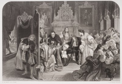 James II (1633-1701) tar emot nyheter om prinsen av Oranges landstigning, graverad av F.A. Heath av Edgar Melville Ward