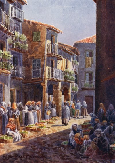 Norra Spanien: Bejar, A Corner in the Market-place (färg litho) av Edgar T. A. Wigram