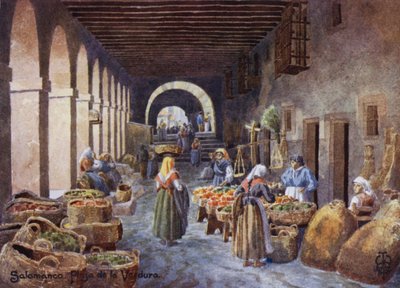 Norra Spanien: Salamanca, arkader på Plaza de la Verdura (färg litho) av Edgar T. A. Wigram