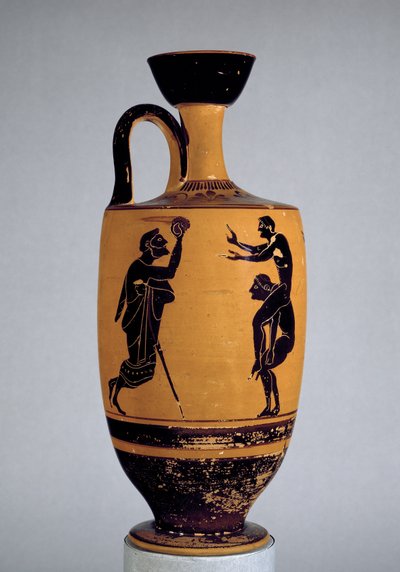 Attic svartfigur lekythos dekorerad med en gammal man som kastar en boll till en ungdom, ca 500 f.Kr. (keramik) av Edinburgh Painter
