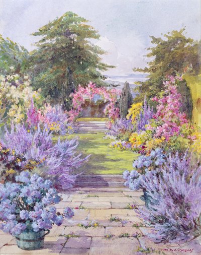 Slagstensvägen i en sommarträdgård (wc på papper) av Edith Alice Andrews