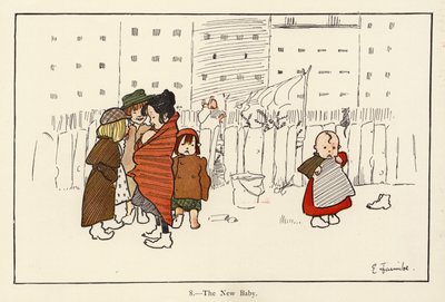A New Baby (färg litho) av Edith Farmiloe