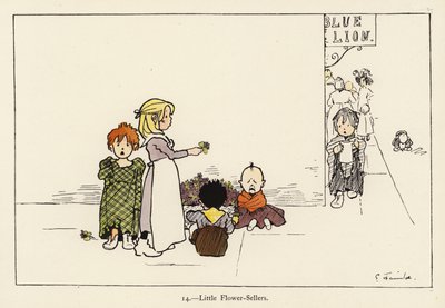 Little Flower-Sellers (färg litho) av Edith Farmiloe