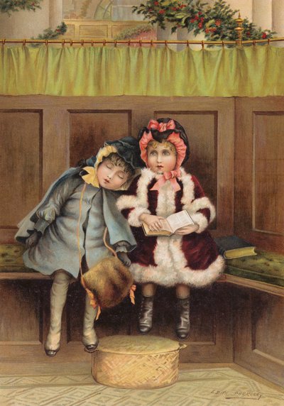 Två flickor i kyrkan på julmorgon (chromolitho) av Edith S. Berkeley
