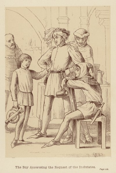 Pojken som besvarar de berusades begäran (litografi) av Edith Scannell