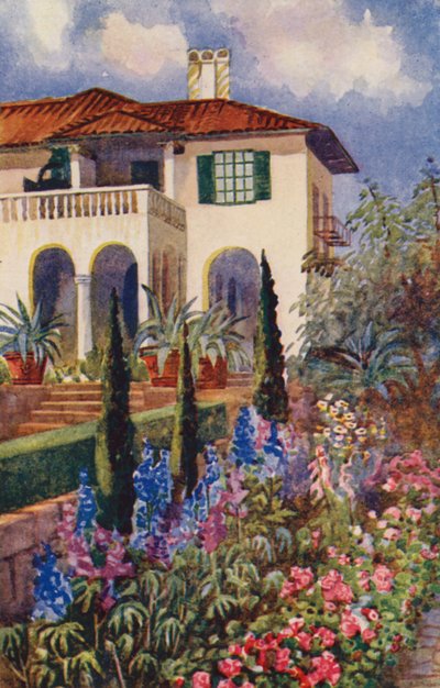 A Corner of the Garden på Villa Arcadia, Johannesburg (färg litho) av Edith Struben