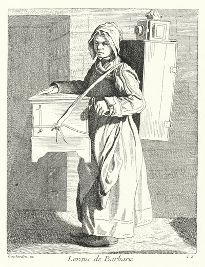 Barrel Organ Player (gravyr) av Edmé (after) Bouchardon