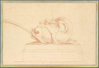 Vattensprutande delfin till vänster med en cupid. 1737 av Edmé Bouchardon