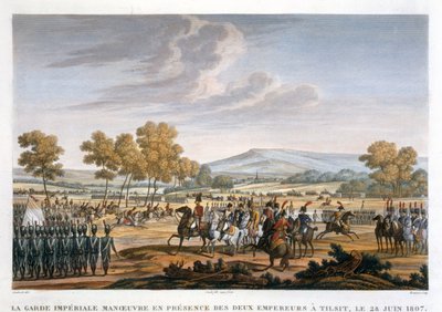 "Kejsargardet manövrerar i närvaro av de två kejsarna i Tilsit, 28 juni 1807". av Edme Bovinet