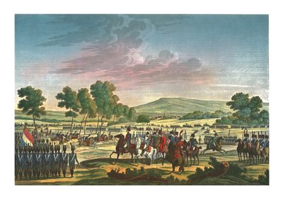 Det kejserliga gardet manövrerar i närvaro av de två kejsarna i Tilsit, 28 juni 1807, c1850 av Edme Bovinet