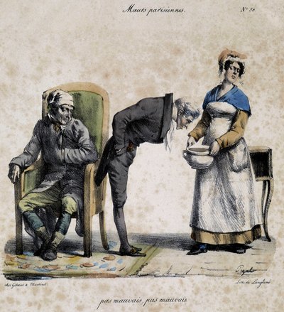 Sjuk, läkare tittar i grytan och tjänare. Tecknad serie av parisisk moral av Pigal (1800-talet), bevarad på Musee Dobree i Nantes. av Edme Jean (after) Pigal