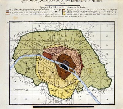 Detalj av Atlas du Plan General de la Ville de Paris, som visar de olika tilläggen till staden genom historien av Edme Verniquet