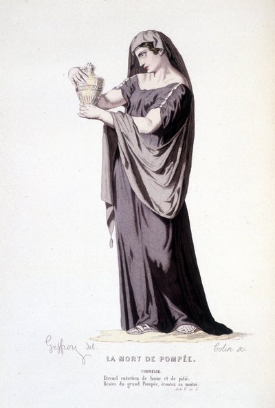 Karaktären av Cornelie i teaterpjäsen La mort de Pompee - Theatre complet: (Kompendium av pjäser av Corneille) teckning av Geffroy, gravyr av Colin - ed. Laplace, Sanchez et Cie, Paris 1884 av Edmond Aime Florentin Geffroy