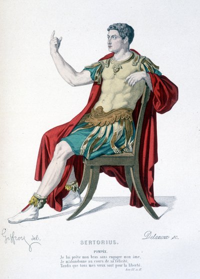 Karaktären av Pompee i teaterstycket Sertorius - Full Theatre: (Samling av pjäser av Corneille) teckning av Geffroy, gravyr av Delanoux - ed. Laplace, Sanchez et Cie, Paris 1884 av Edmond Aime Florentin Geffroy