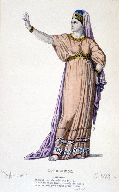 Karaktären av Sophonisbe i tragedin Sophonisbe - Full Theatre: (Samling av pjäser av Corneille) teckning av Geffroy, gravyr av L. Wolff - ed. Laplace, Sanchez et Cie, Paris 1884 av Edmond Aime Florentin Geffroy