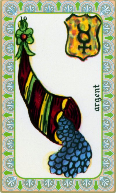 tarot av magus Belline tecknad av Edmond Billaudot c. 1845 och gavs till klärvoajanta Belline för återutgivning: pengarnas kort: mynt i ett horn av överflöd av Edmond Billaudot