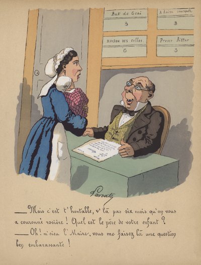 En mamma registrerar sitt barn i stadshuset (färg litho) av Edmond Lavrate