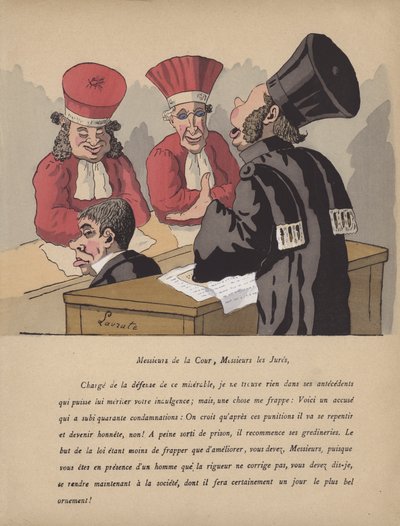 Rättssalsscen (lito i färg) av Edmond Lavrate