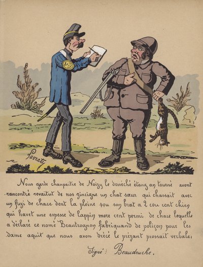 Vilthållare med en jägare som har skjutit en katt (färg litho) av Edmond Lavrate