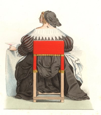 Fransk kvinna 1600-talet, från en gravyr av Abraham Bosse (1602-1676) - Litografi från en illustration av Edmond Lechevallier-Chevignard (1825-1902), från "Costumes historiques des 16th" av Edmond Lechevallier Chevignard