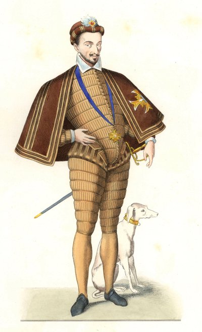 Kung Henrik III av Frankrike (1551-1589), bär halsbandet av den Helige Andes Orden - Litografi efter en illustration av Edmond Lechevallier-Chevignard (1825-1902), från "Costumes historiques des 16th av Edmond Lechevallier Chevignard
