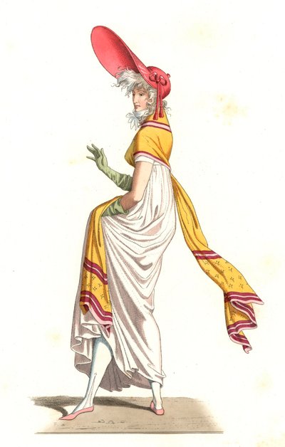 Ung fransk kvinna klädd i stil med 1700-talets underbara, efter en målning av Carle Vernet (1758-1836) - Litografi efter en illustration av Edmond Lechevallier-Chevignard (1825-1902), från "Costumes historiques des 16th" av Edmond Lechevallier Chevignard