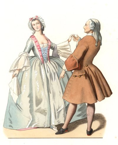 Dansmästare och en ung venetian, danslecon i Italien 1700-talet, baserad på en målning av Pietro Longhi (1701-1785) - Litografi baserad på en illustration av Edmond Lechevallier-Chevignard (1825-1902), extraherad från "" Historical Costumes of den 16:e av Edmond Lechevallier Chevignard
