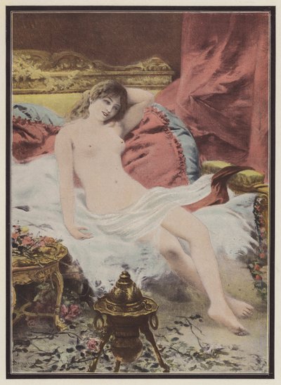 Delerium, kvinna som sitter på en soffa (färg litho) av Edmond Louis Dupain